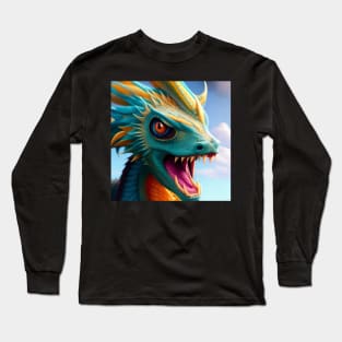 Ferocious Cyan and Gold Baby Dragon Long Sleeve T-Shirt